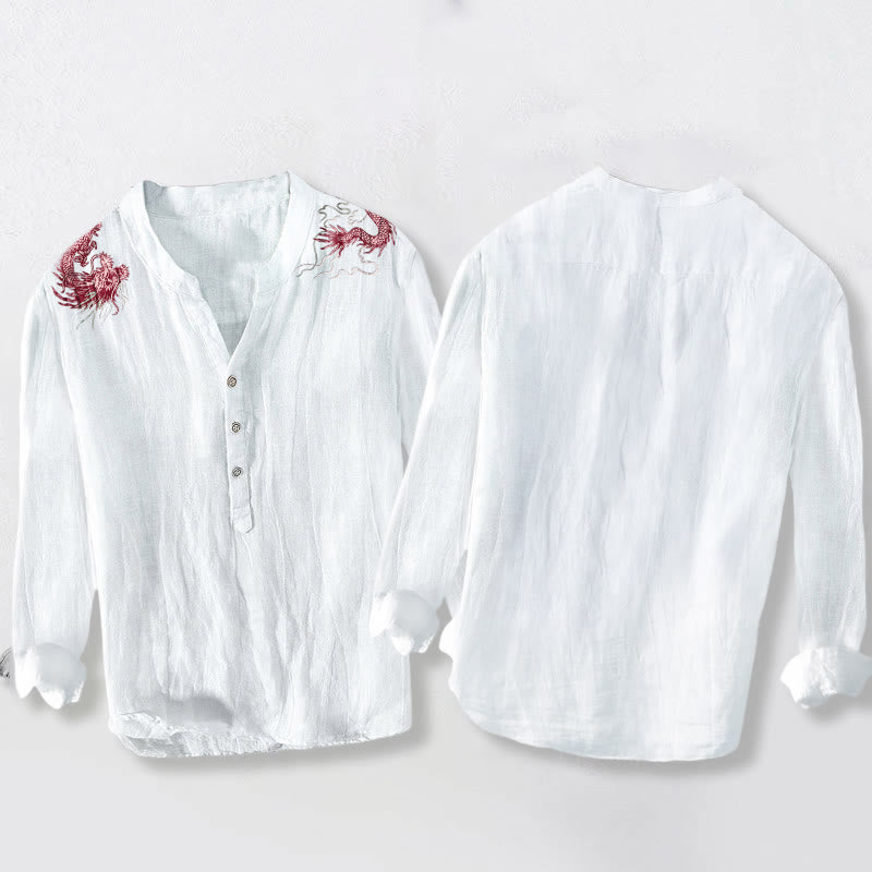 Camicia da uomo in cotone e lino a maniche lunghe con motivo a drago rosso Buddha Stones, bottoni a metà - image 5