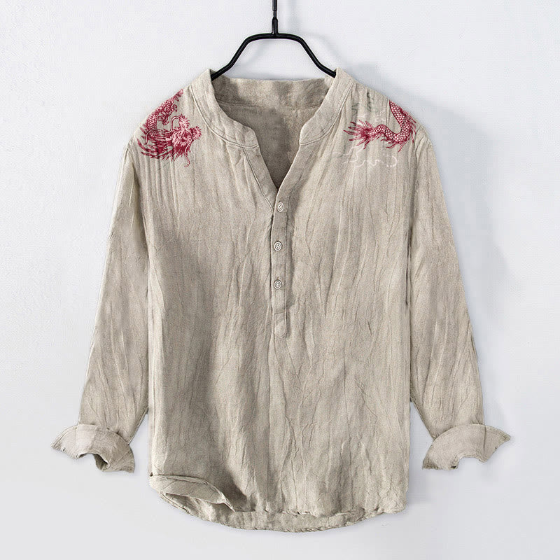 Camicia da uomo in cotone e lino a maniche lunghe con motivo a drago rosso Buddha Stones, bottoni a metà - Biancheria - US/UK/AU50, EU60 (5XL) - image 6