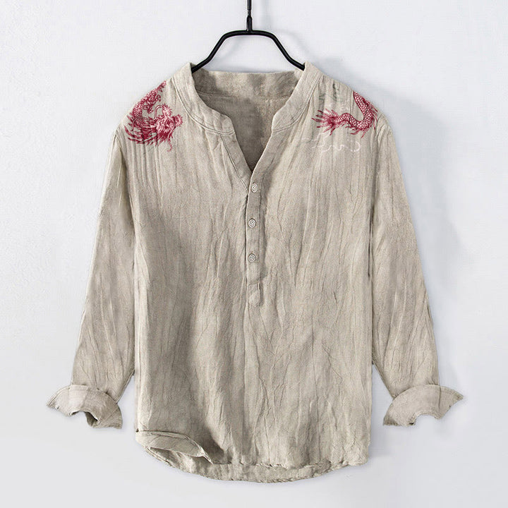 Camicia da uomo in cotone e lino a maniche lunghe con motivo a drago rosso Buddha Stones, bottoni a metà - Biancheria - US/UK/AU50, EU60 (5XL) - image 6