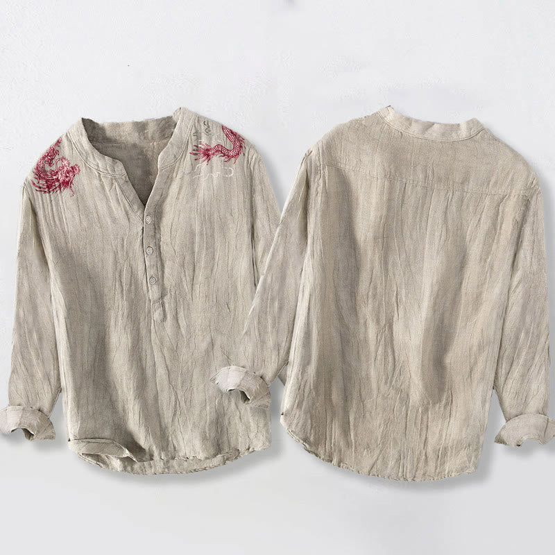 Camicia da uomo in cotone e lino a maniche lunghe con motivo a drago rosso Buddha Stones, bottoni a metà - image 8