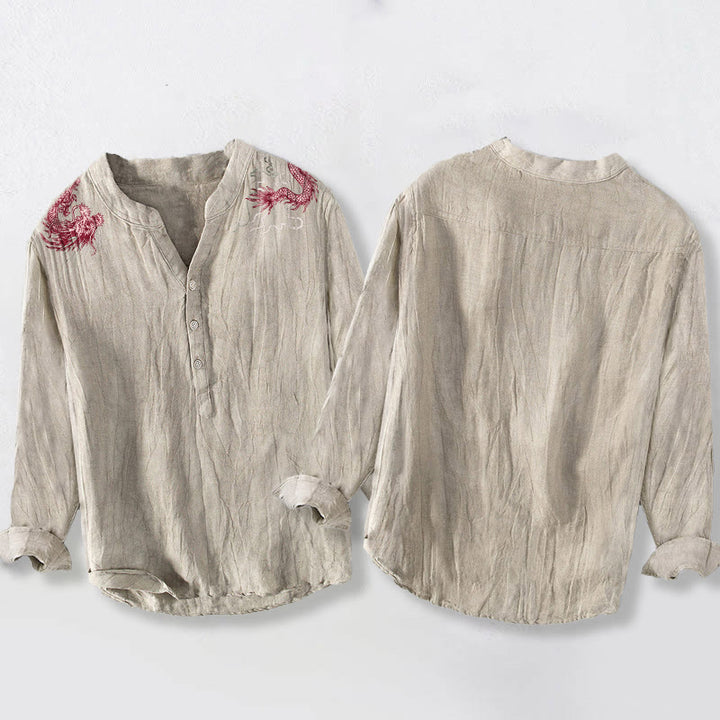 Camicia da uomo in cotone e lino a maniche lunghe con motivo a drago rosso Buddha Stones, bottoni a metà - image 8