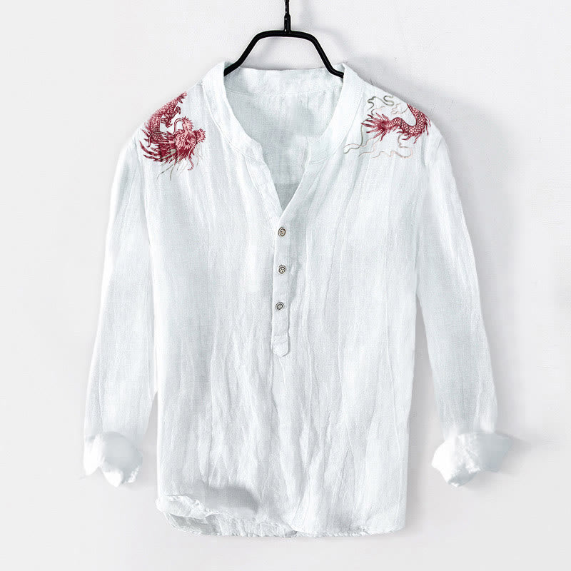 Camicia da uomo in cotone e lino a maniche lunghe con motivo a drago rosso Buddha Stones, bottoni a metà - Bianco - US/UK/AU50, EU60 (5XL) - image 3