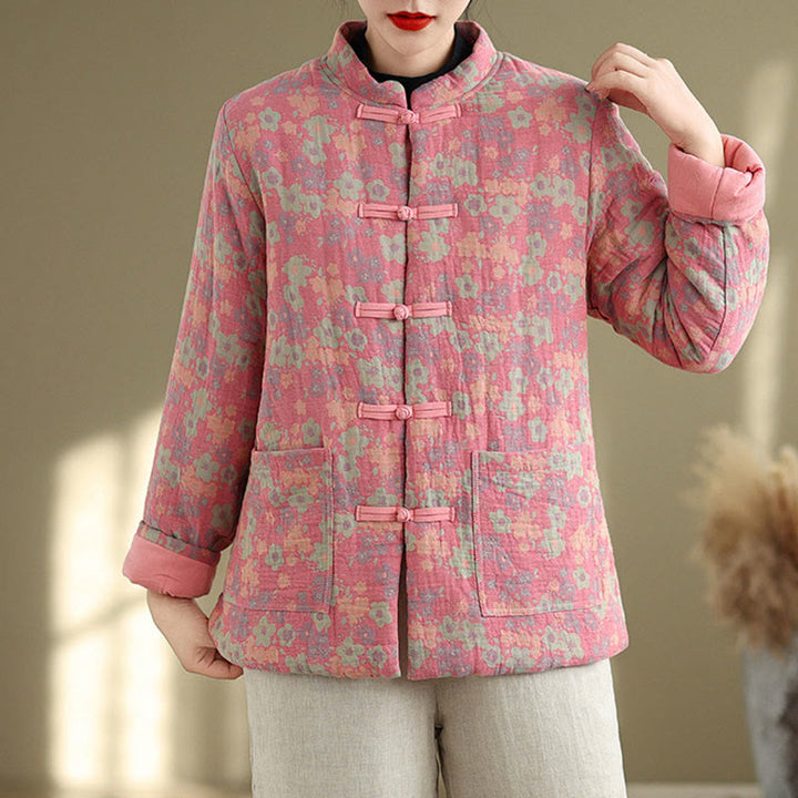 Giacca invernale da donna Buddha Stones in cotone spesso con motivo floreale e maniche lunghe, con tasche - image 10