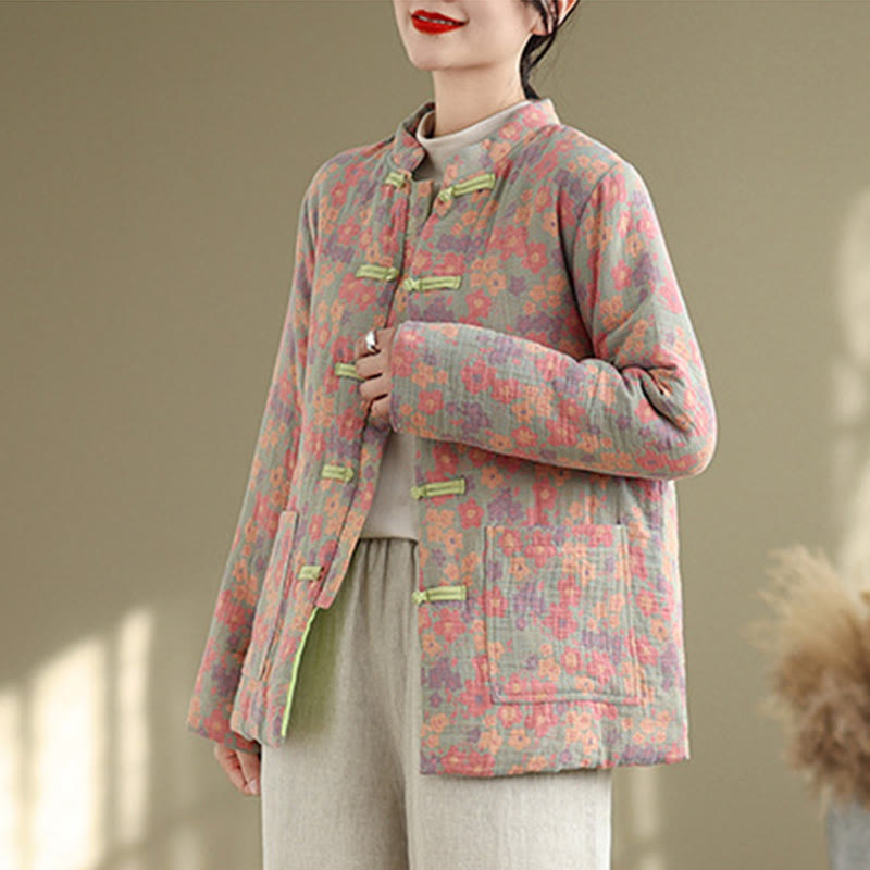 Giacca invernale da donna Buddha Stones in cotone spesso con motivo floreale e maniche lunghe, con tasche - image 3