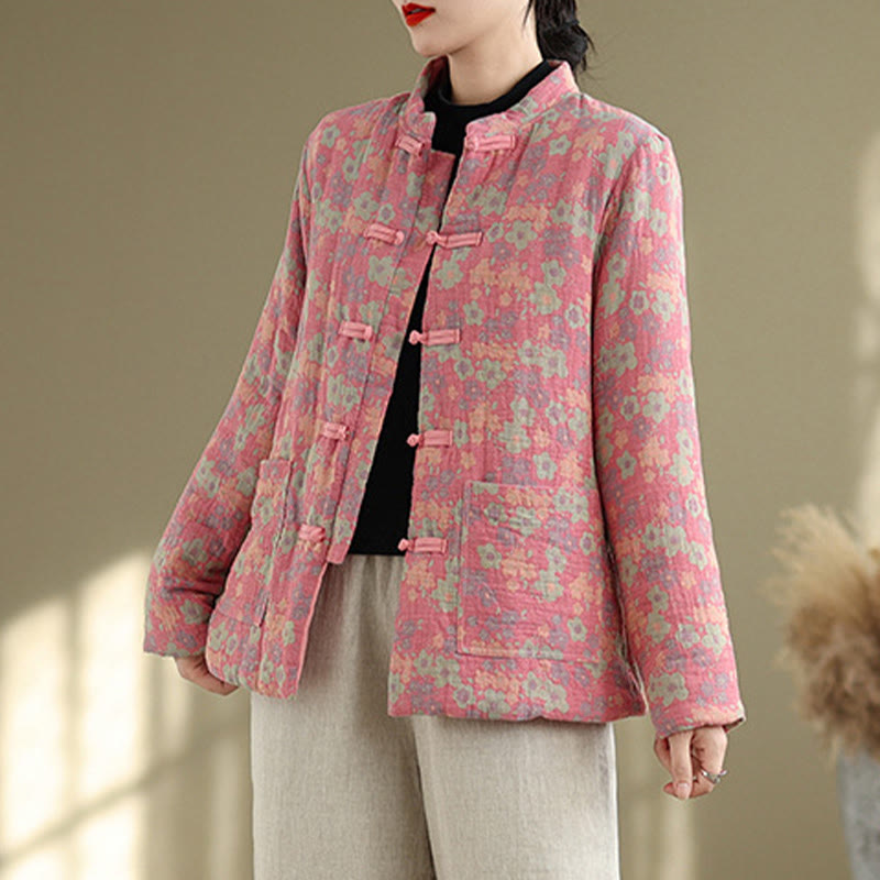 Giacca invernale da donna Buddha Stones in cotone spesso con motivo floreale e maniche lunghe, con tasche - image 12