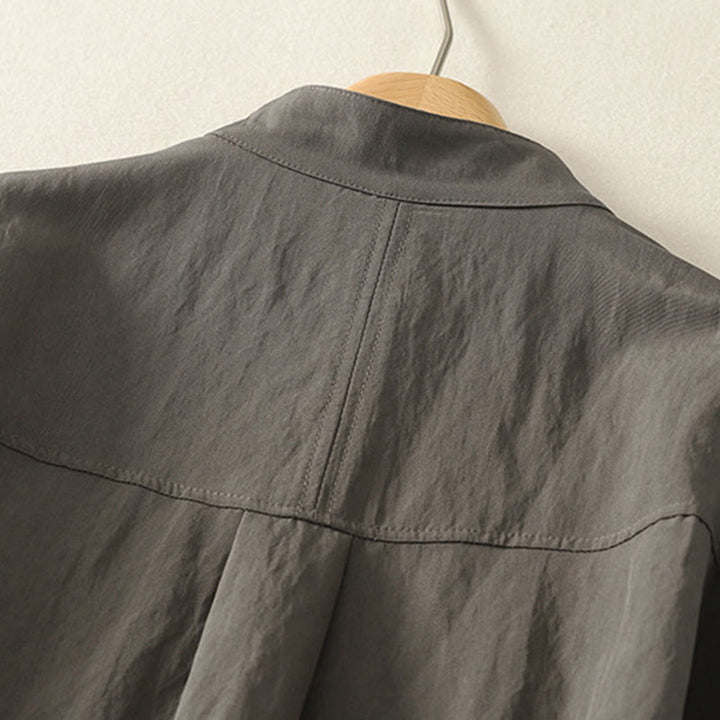 Camicia da donna in cotone a maniche lunghe con colletto rialzato, bottoni cinesi e design semplice, motivo Buddha Stones Fall - image 3