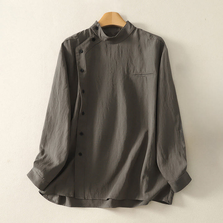 Camicia da donna in cotone a maniche lunghe con colletto rialzato, bottoni cinesi e design semplice, motivo Buddha Stones Fall - Grigio scuro - US8-10, UK/AU12-14, EU40-42 (2XL) - image 0