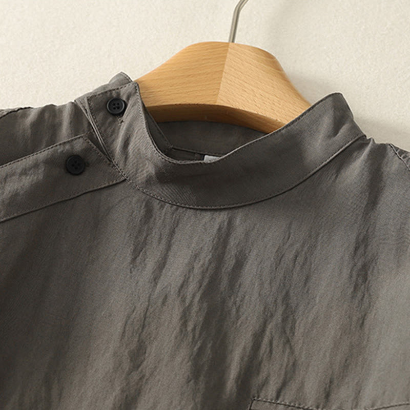 Camicia da donna in cotone a maniche lunghe con colletto rialzato, bottoni cinesi e design semplice, motivo Buddha Stones Fall - image 2