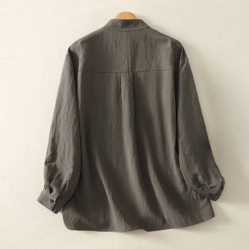 Camicia da donna in cotone a maniche lunghe con colletto rialzato, bottoni cinesi e design semplice, motivo Buddha Stones Fall - image 1