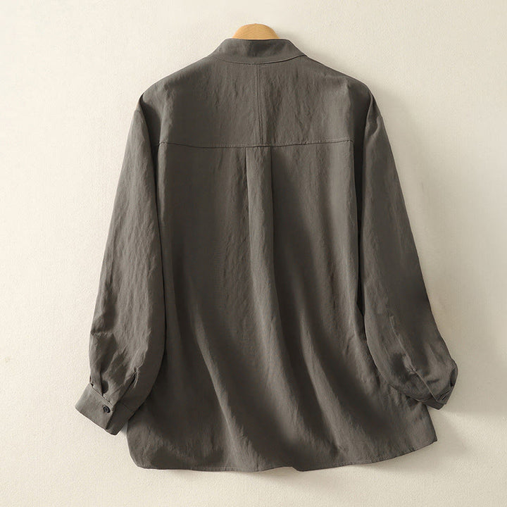 Camicia da donna in cotone a maniche lunghe con colletto rialzato, bottoni cinesi e design semplice, motivo Buddha Stones Fall - image 1