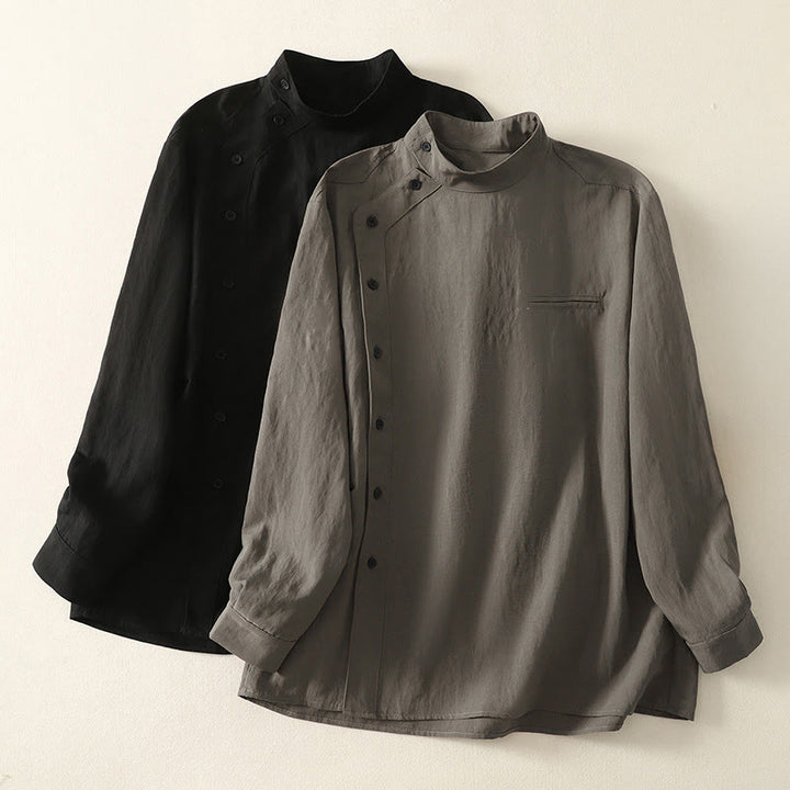 Camicia da donna in cotone a maniche lunghe con colletto rialzato, bottoni cinesi e design semplice, motivo Buddha Stones Fall - image 16