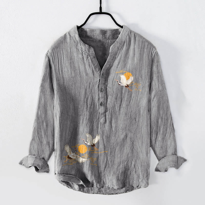 Camicia da uomo in cotone e lino a maniche lunghe con motivo a gru, sole dorato, bottoni a metà - Grigio - US/UK/AU50, EU60 (5XL) - image 0