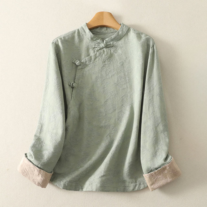 Camicia da donna in cotone a maniche lunghe Zen con motivo jacquard semplice primaverile Buddha Stones - Verde pallido - US8-10, UK/AU12-14, EU40-42 (2XL) - image 0