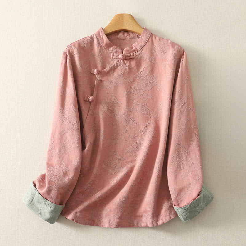 Camicia da donna in cotone a maniche lunghe Zen con motivo jacquard semplice primaverile Buddha Stones - Salmone Scuro - US8-10, UK/AU12-14, EU40-42 (2XL) - image 10