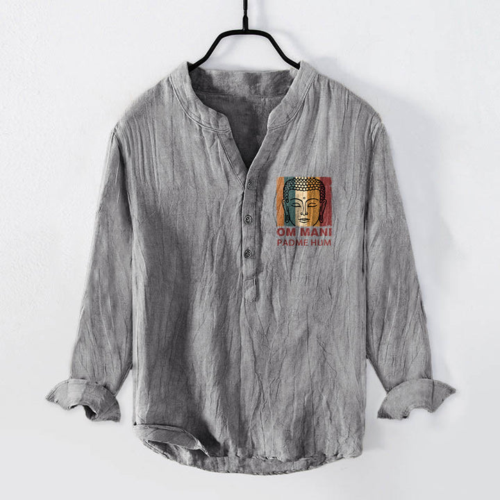 Camicia da uomo in cotone e lino a maniche lunghe con motivo Buddha Stones OM MANI PADME HUM e bottoni mezzi - Grigio - US/UK/AU50, EU60 (5XL) - image 3