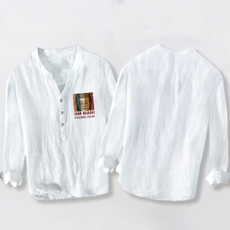 Camicia da uomo in cotone e lino a maniche lunghe con motivo Buddha Stones OM MANI PADME HUM e bottoni mezzi - image 8