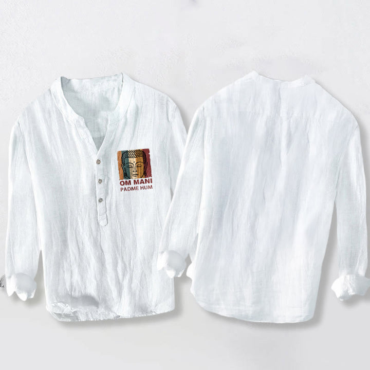 Camicia da uomo in cotone e lino a maniche lunghe con motivo Buddha Stones OM MANI PADME HUM e bottoni mezzi - image 8