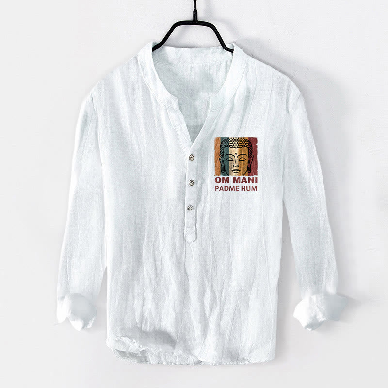 Camicia da uomo in cotone e lino a maniche lunghe con motivo Buddha Stones OM MANI PADME HUM e bottoni mezzi - Bianco - US/UK/AU50, EU60 (5XL) - image 6