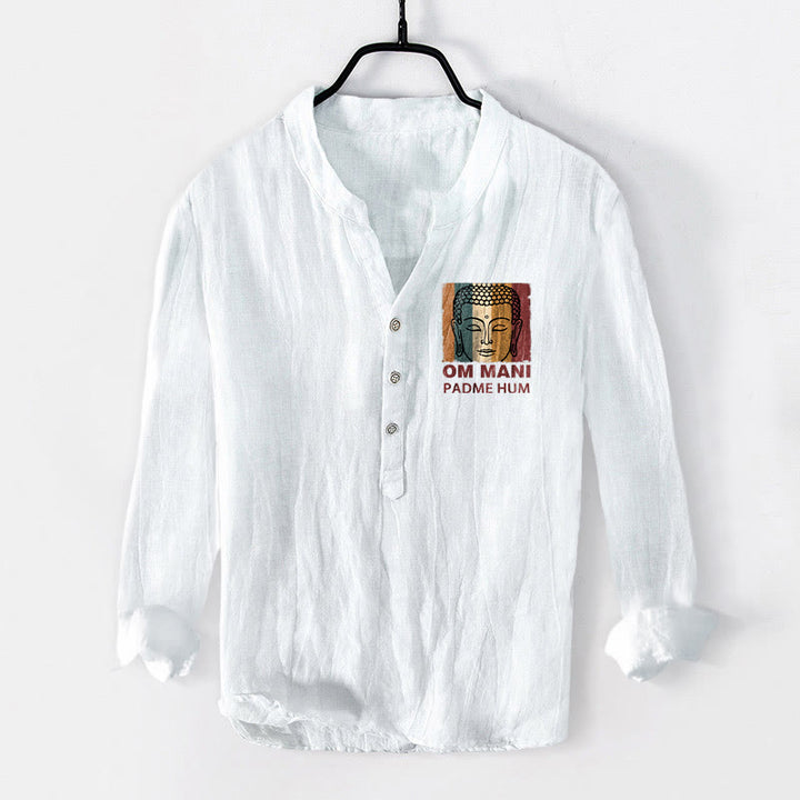 Camicia da uomo in cotone e lino a maniche lunghe con motivo Buddha Stones OM MANI PADME HUM e bottoni mezzi - Bianco - US/UK/AU50, EU60 (5XL) - image 6