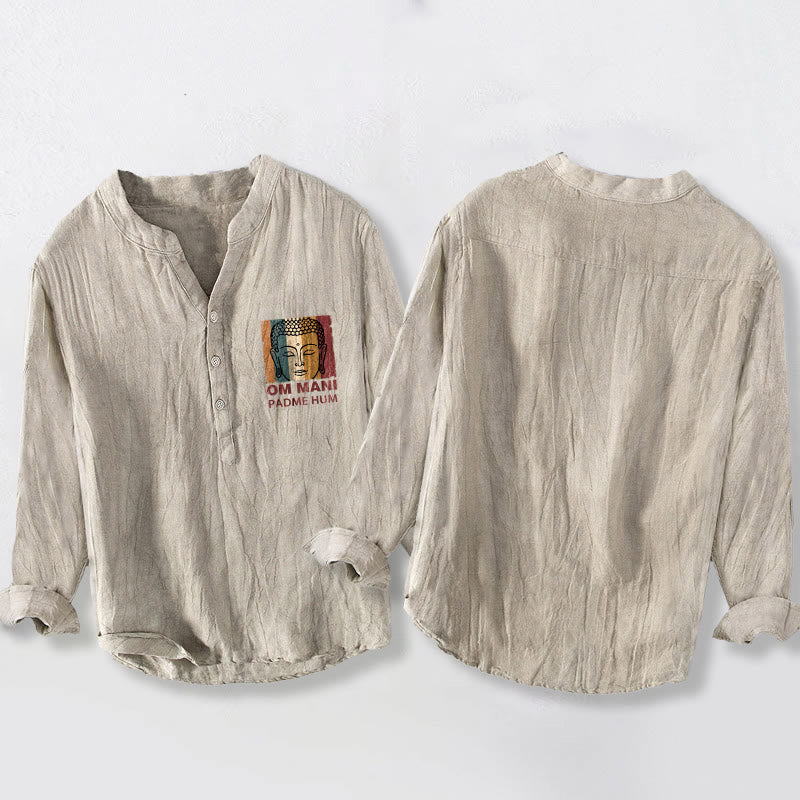 Camicia da uomo in cotone e lino a maniche lunghe con motivo Buddha Stones OM MANI PADME HUM e bottoni mezzi - image 2