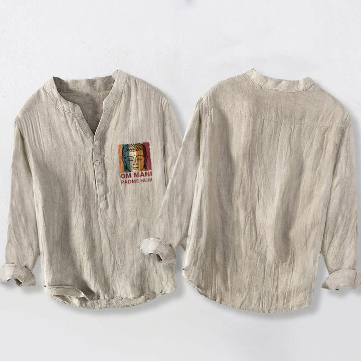 Camicia da uomo in cotone e lino a maniche lunghe con motivo Buddha Stones OM MANI PADME HUM e bottoni mezzi - image 2