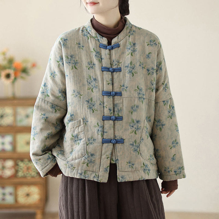 Giacca da donna a maniche lunghe in cotone termico con stampa floreale e tasche Buddha Stones - image 15