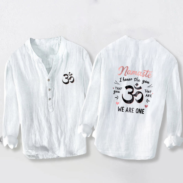 Camicia da uomo in cotone e lino a maniche lunghe con bottoni mezzi e motivo Om "Namaste I Honor the You" Buddha Stones - Bianco - US/UK/AU50, EU60 (5XL) - image 0