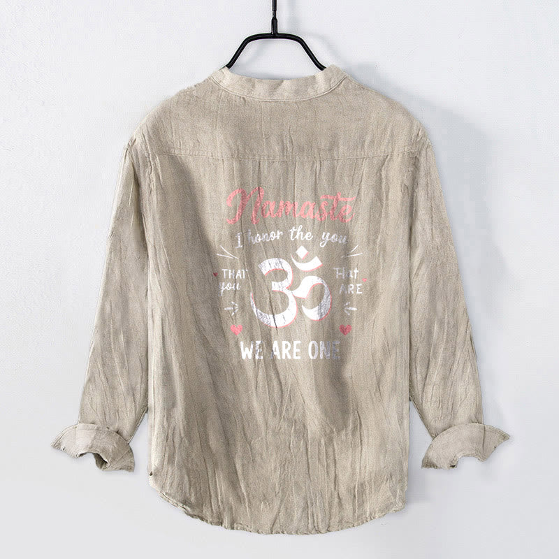 Camicia da uomo in cotone e lino a maniche lunghe con bottoni mezzi e motivo Om "Namaste I Honor the You" Buddha Stones - image 5