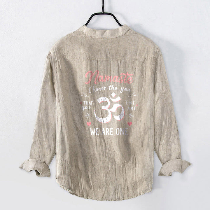 Camicia da uomo in cotone e lino a maniche lunghe con bottoni mezzi e motivo Om "Namaste I Honor the You" Buddha Stones - image 5