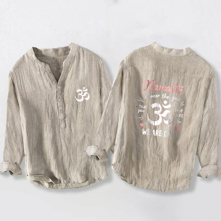 Camicia da uomo in cotone e lino a maniche lunghe con bottoni mezzi e motivo Om "Namaste I Honor the You" Buddha Stones - Biancheria - US/UK/AU50, EU60 (5XL) - image 3