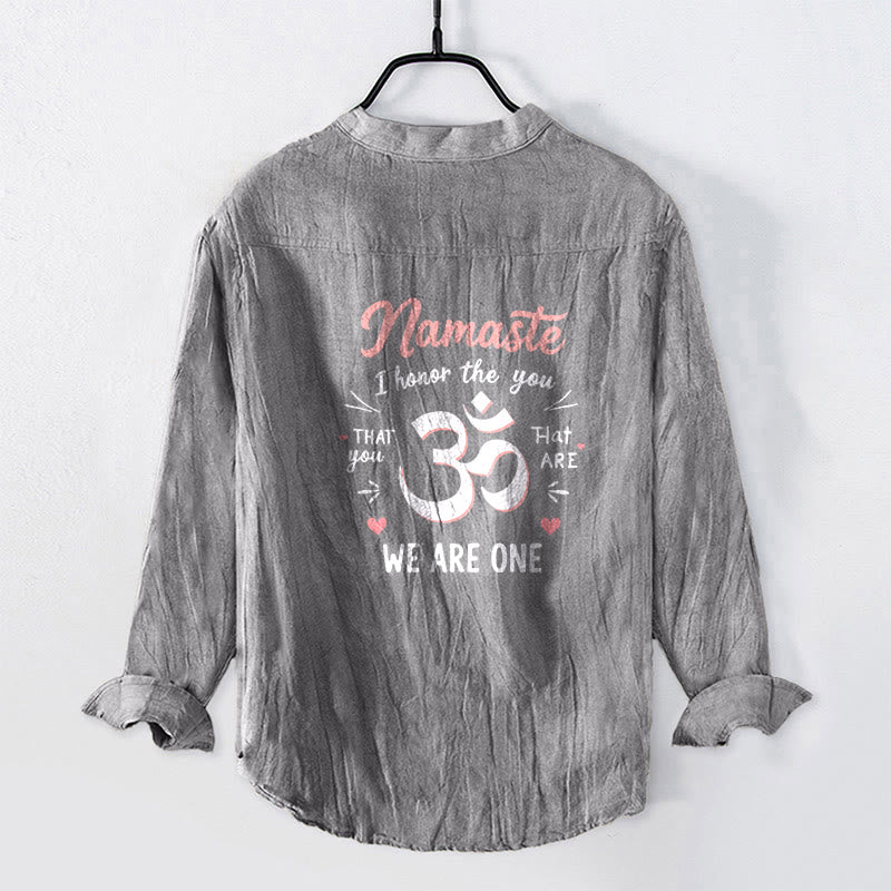 Camicia da uomo in cotone e lino a maniche lunghe con bottoni mezzi e motivo Om "Namaste I Honor the You" Buddha Stones - image 8