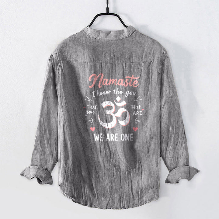 Camicia da uomo in cotone e lino a maniche lunghe con bottoni mezzi e motivo Om "Namaste I Honor the You" Buddha Stones - image 8