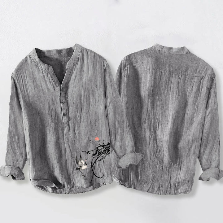 Camicia da uomo in cotone e lino a maniche lunghe con motivo Buddha Stones Rising Sun Crane Branches e bottoni a metà - image 5