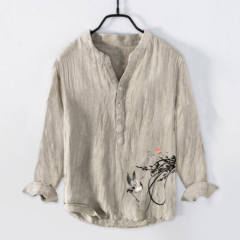Camicia da uomo in cotone e lino a maniche lunghe con motivo Buddha Stones Rising Sun Crane Branches e bottoni a metà - Biancheria - US/UK/AU50, EU60 (5XL) - image 0