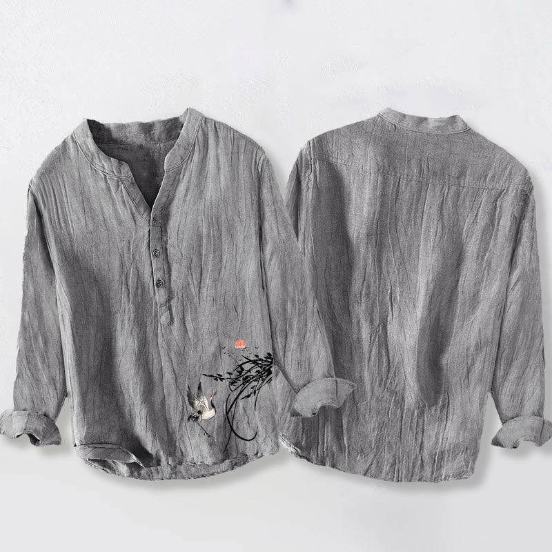 Camicia da uomo in cotone e lino a maniche lunghe con motivo Buddha Stones Rising Sun Crane Branches e bottoni a metà - image 5