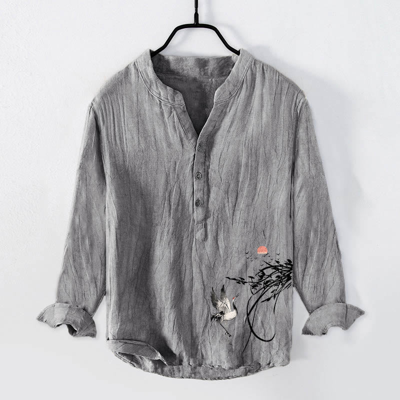 Camicia da uomo in cotone e lino a maniche lunghe con motivo Buddha Stones Rising Sun Crane Branches e bottoni a metà - Grigio - US/UK/AU50, EU60 (5XL) - image 3
