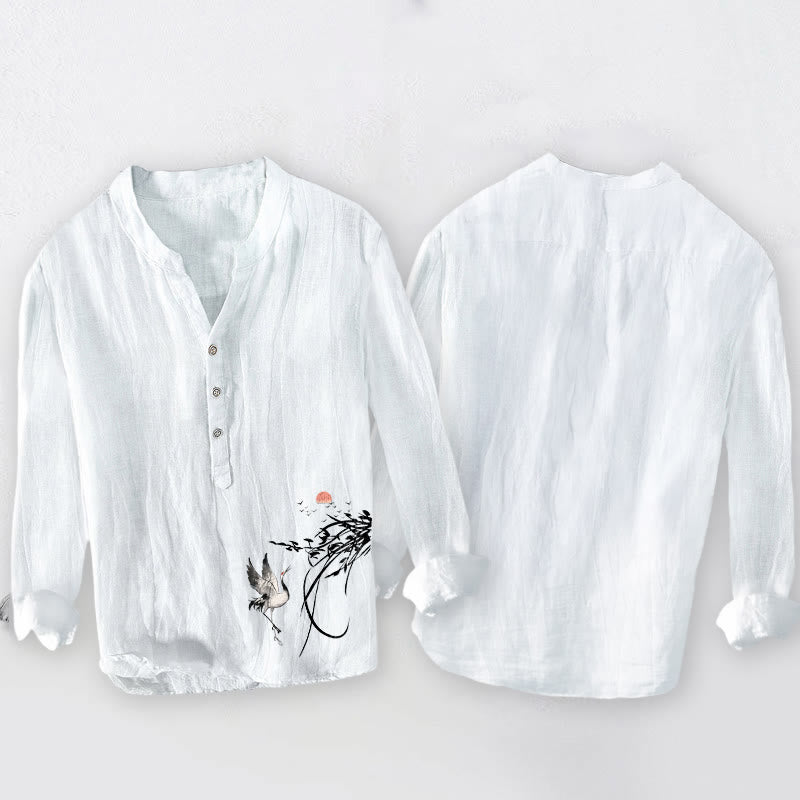 Camicia da uomo in cotone e lino a maniche lunghe con motivo Buddha Stones Rising Sun Crane Branches e bottoni a metà - image 8