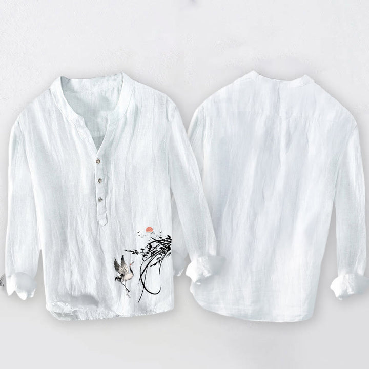 Camicia da uomo in cotone e lino a maniche lunghe con motivo Buddha Stones Rising Sun Crane Branches e bottoni a metà - image 8