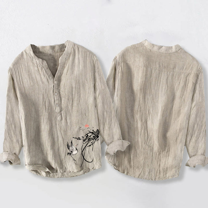 Camicia da uomo in cotone e lino a maniche lunghe con motivo Buddha Stones Rising Sun Crane Branches e bottoni a metà - image 2