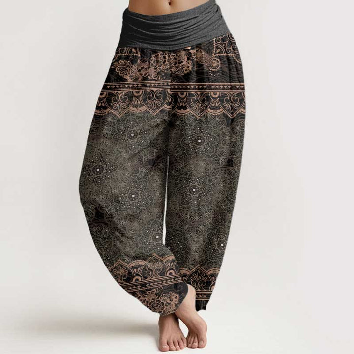 Pantaloni harem da donna con elastico in vita, in puro cotone, con eleganti fiori mandala e pietre Buddha Stones - Verde oliva - US22, UK/AU26, EU54 (6XL) - image 9