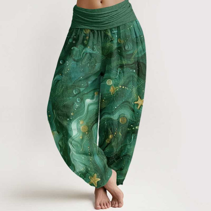 Pantaloni harem da donna con elastico in vita e motivo a stelle dorate oceaniche in cotone Buddha Stones - Verde scuro - US22, UK/AU26, EU54 (6XL) - image 7
