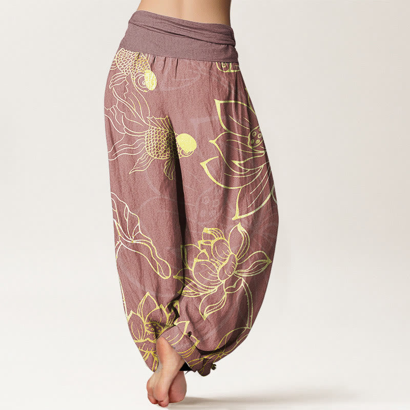 Pantaloni harem da donna con elastico in vita, in puro cotone, con foglie di loto e pesci koi, motivo Buddha Stones - image 15
