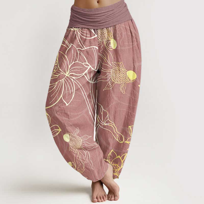 Pantaloni harem da donna con elastico in vita, in puro cotone, con foglie di loto e pesci koi, motivo Buddha Stones - RossoViolaPale - US22, UK/AU26, EU54 (6XL) - image 9