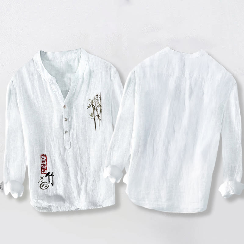 Camicia da uomo in cotone e lino a maniche lunghe con bottoni a mezzo bottone, motivo Buddha Stones - image 8