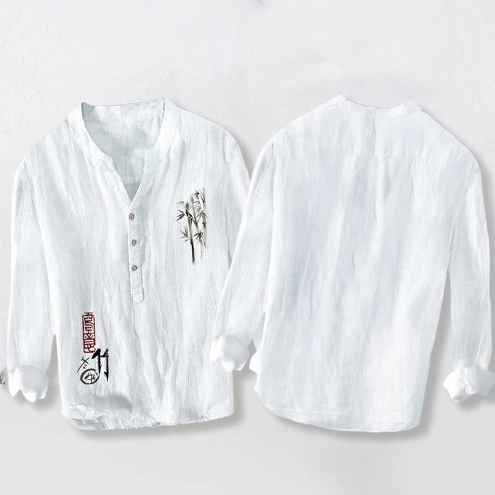 Camicia da uomo in cotone e lino a maniche lunghe con bottoni a mezzo bottone, motivo Buddha Stones - image 8