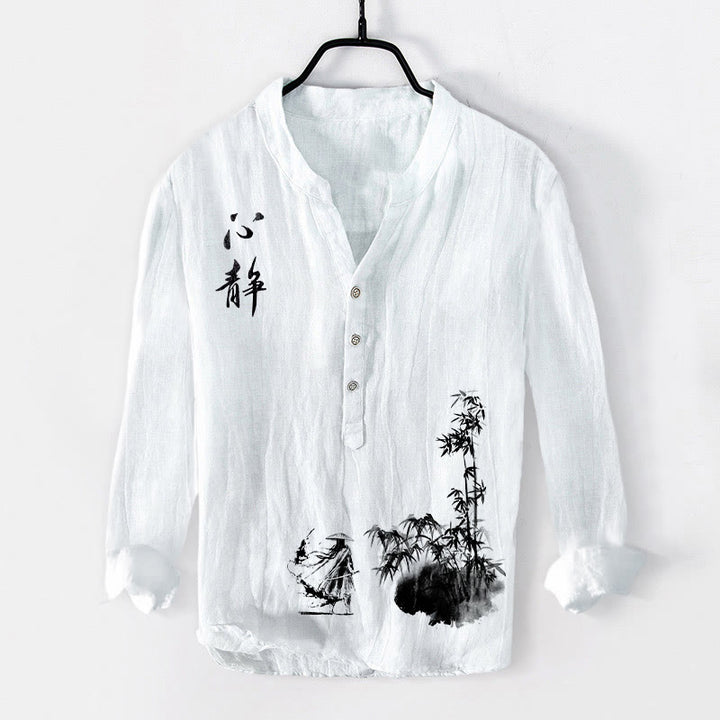 Camicia da uomo in cotone e lino a maniche lunghe con bottoni a mezzo bottone, motivo spadaccino, Buddha Stones in bambù - Bianco - US/UK/AU50, EU60 (5XL) - image 6