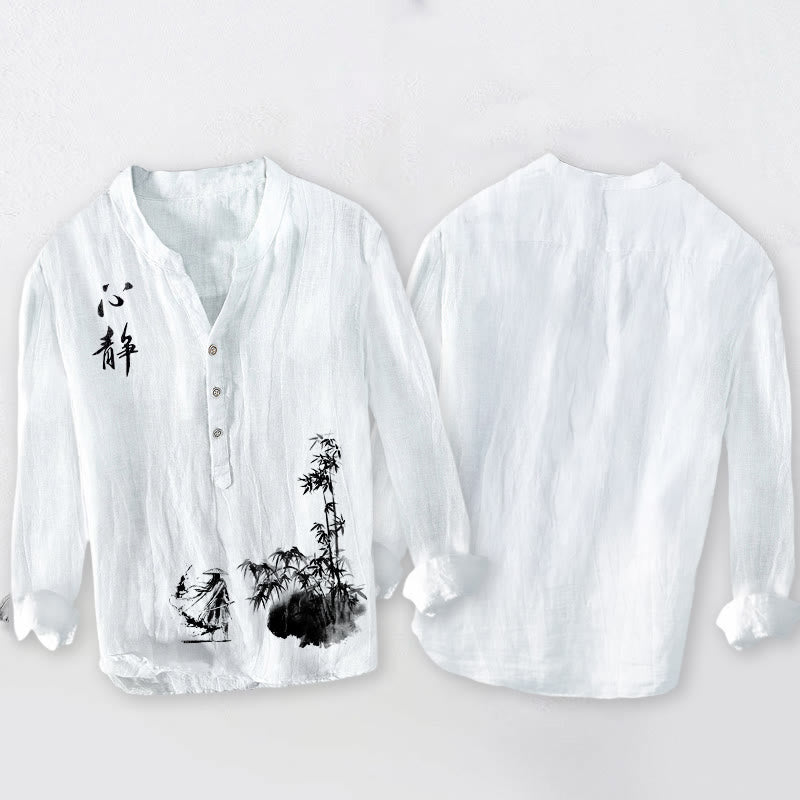 Camicia da uomo in cotone e lino a maniche lunghe con bottoni a mezzo bottone, motivo spadaccino, Buddha Stones in bambù - image 8