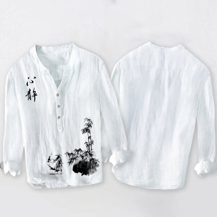 Camicia da uomo in cotone e lino a maniche lunghe con bottoni a mezzo bottone, motivo spadaccino, Buddha Stones in bambù - image 8