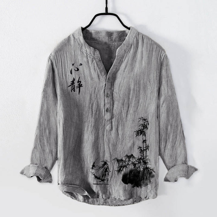 Camicia da uomo in cotone e lino a maniche lunghe con bottoni a mezzo bottone, motivo spadaccino, Buddha Stones in bambù - Grigio - US/UK/AU50, EU60 (5XL) - image 3