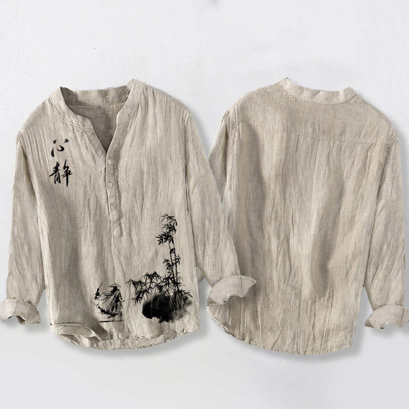 Camicia da uomo in cotone e lino a maniche lunghe con bottoni a mezzo bottone, motivo spadaccino, Buddha Stones in bambù - image 2